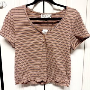 Hippie Rose Tan Striped Button V-Neck Tee
